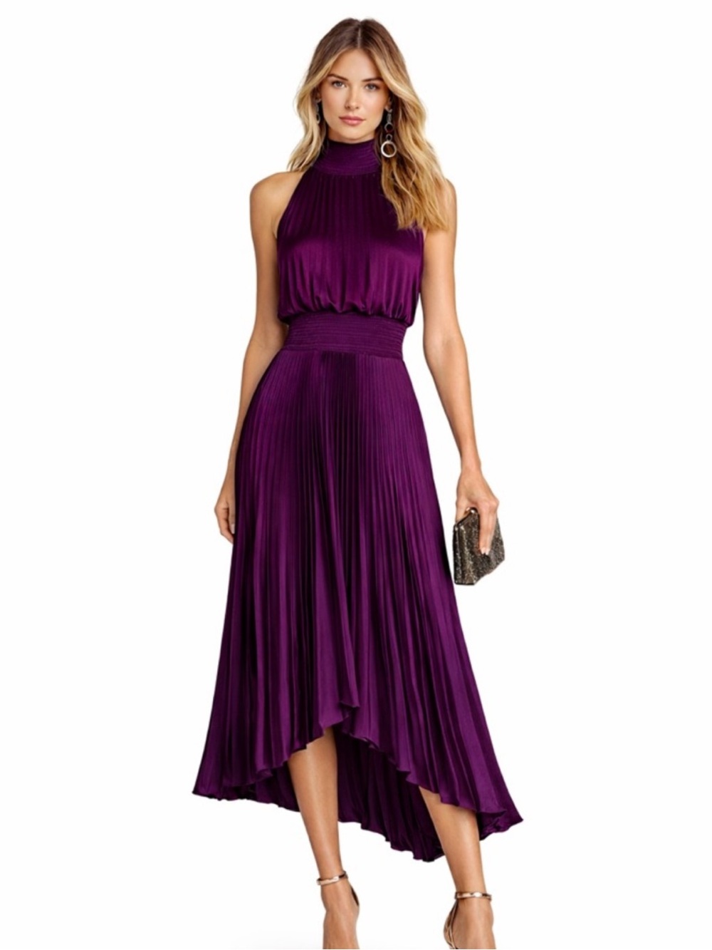 Vestique Elegant Purple Pleated High-Neck Midi Dress
